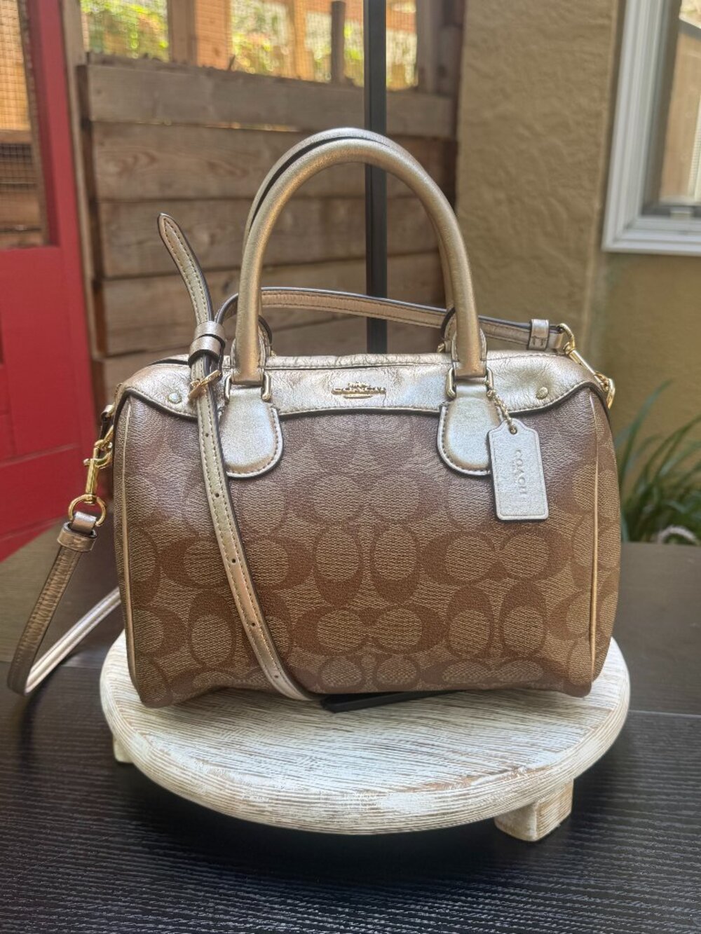 Coach Mini Bennett Satchel Crossbody Signature Monogram Canvas Metallic Leather